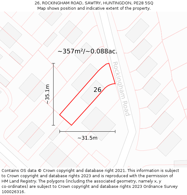 26, ROCKINGHAM ROAD, SAWTRY, HUNTINGDON, PE28 5SQ: Plot and title map