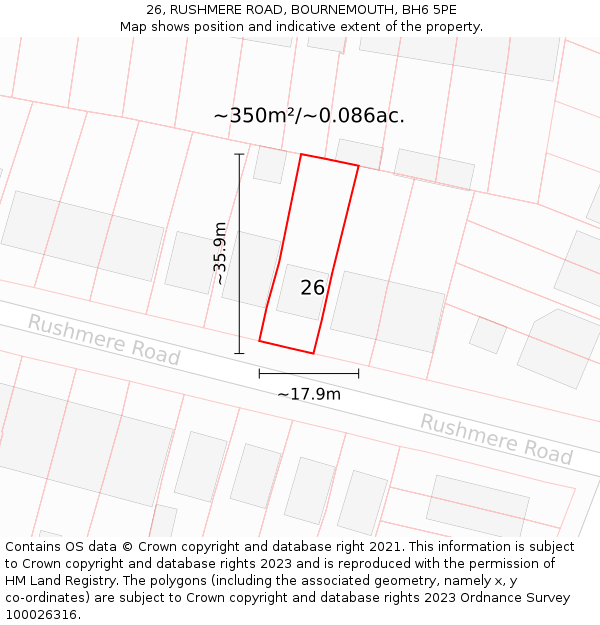 26, RUSHMERE ROAD, BOURNEMOUTH, BH6 5PE: Plot and title map
