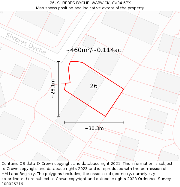 26, SHRERES DYCHE, WARWICK, CV34 6BX: Plot and title map