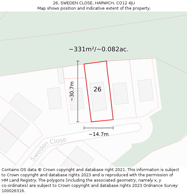 26, SWEDEN CLOSE, HARWICH, CO12 4JU: Plot and title map