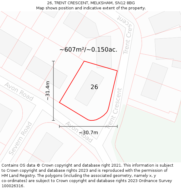 26, TRENT CRESCENT, MELKSHAM, SN12 8BG: Plot and title map