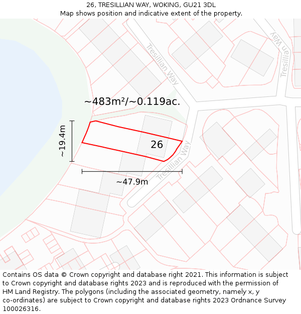 26, TRESILLIAN WAY, WOKING, GU21 3DL: Plot and title map