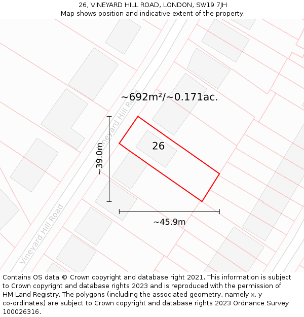 26, VINEYARD HILL ROAD, LONDON, SW19 7JH: Plot and title map