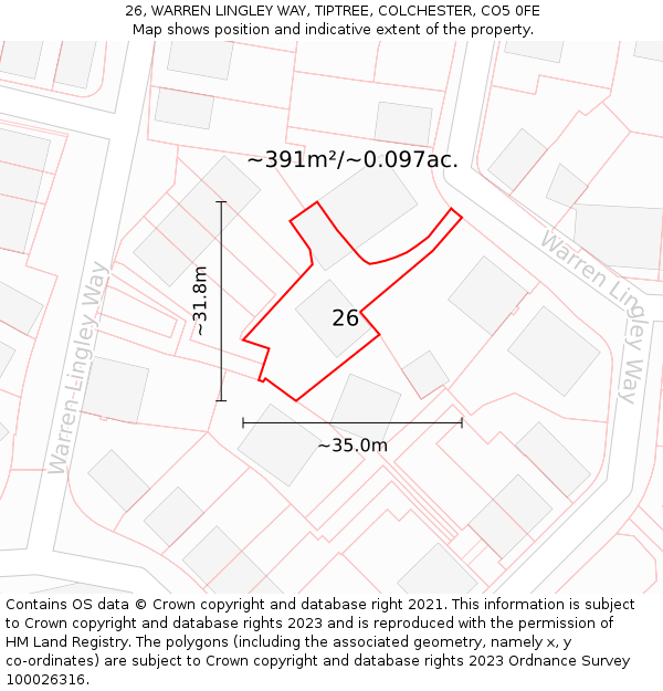 26, WARREN LINGLEY WAY, TIPTREE, COLCHESTER, CO5 0FE: Plot and title map