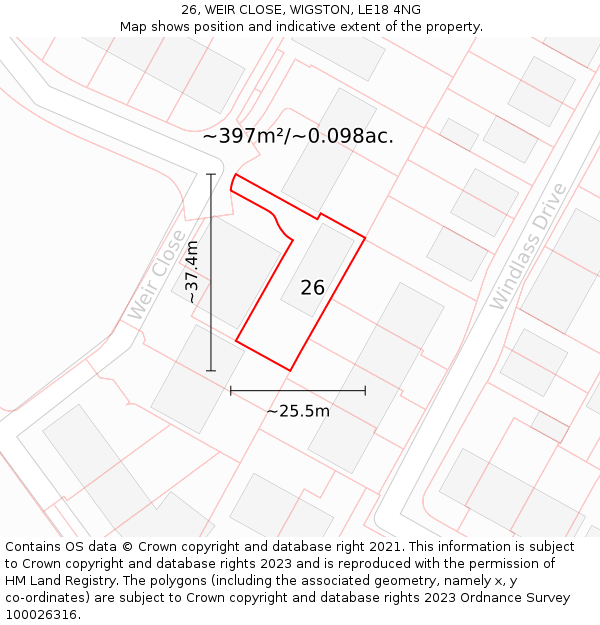 26, WEIR CLOSE, WIGSTON, LE18 4NG: Plot and title map