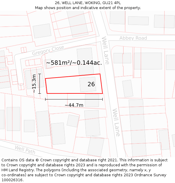 26, WELL LANE, WOKING, GU21 4PL: Plot and title map