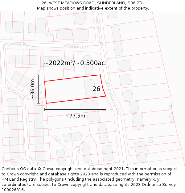 26, WEST MEADOWS ROAD, SUNDERLAND, SR6 7TU: Plot and title map