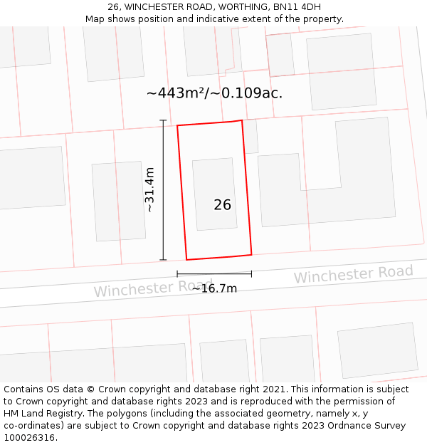 26, WINCHESTER ROAD, WORTHING, BN11 4DH: Plot and title map