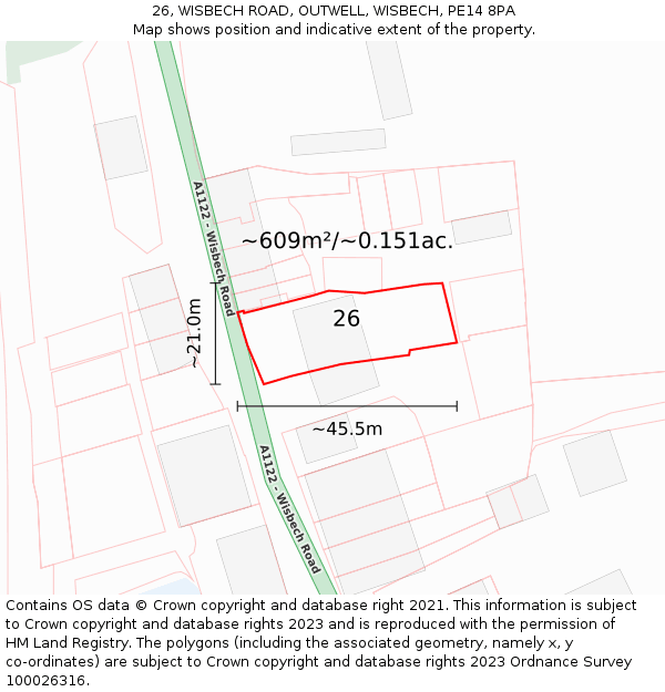 26, WISBECH ROAD, OUTWELL, WISBECH, PE14 8PA: Plot and title map