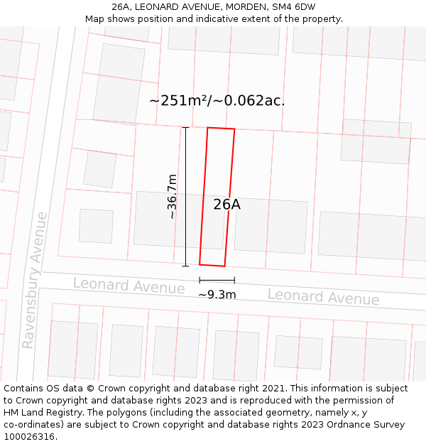 26A, LEONARD AVENUE, MORDEN, SM4 6DW: Plot and title map