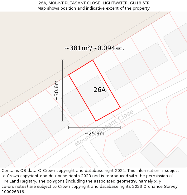 26A, MOUNT PLEASANT CLOSE, LIGHTWATER, GU18 5TP: Plot and title map