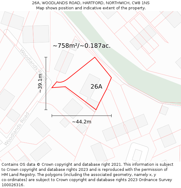 26A, WOODLANDS ROAD, HARTFORD, NORTHWICH, CW8 1NS: Plot and title map