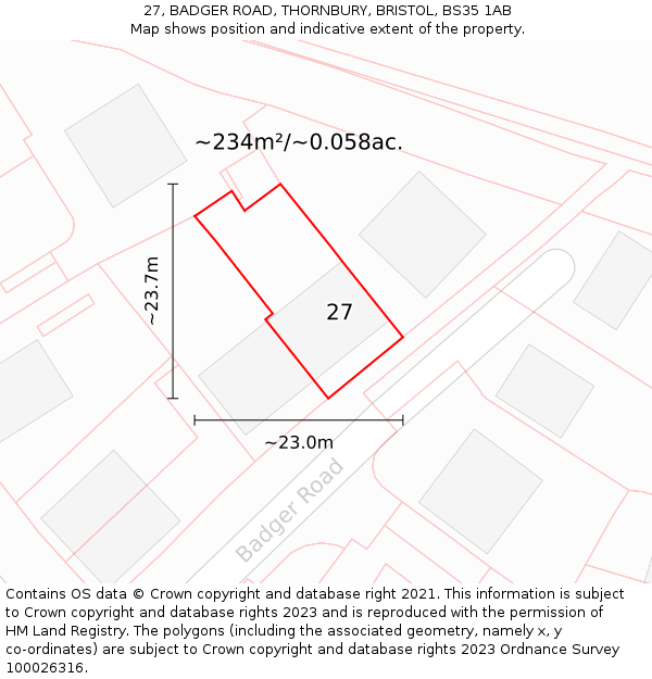 27, BADGER ROAD, THORNBURY, BRISTOL, BS35 1AB: Plot and title map