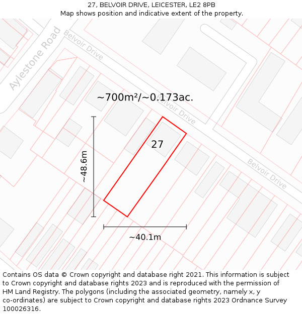 27, BELVOIR DRIVE, LEICESTER, LE2 8PB: Plot and title map