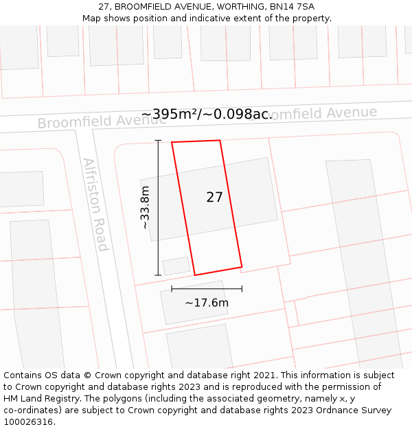 27, BROOMFIELD AVENUE, WORTHING, BN14 7SA: Plot and title map