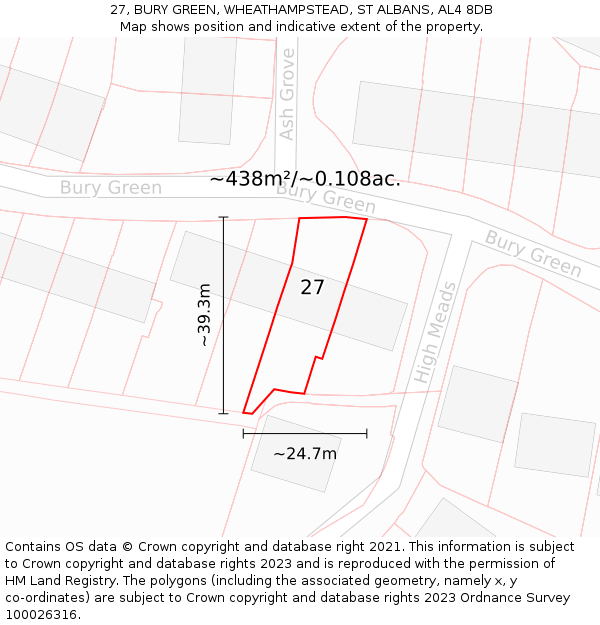 27, BURY GREEN, WHEATHAMPSTEAD, ST ALBANS, AL4 8DB: Plot and title map