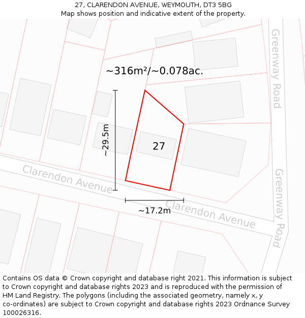27, CLARENDON AVENUE, WEYMOUTH, DT3 5BG: Plot and title map