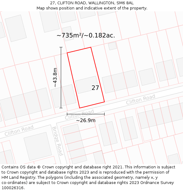 27, CLIFTON ROAD, WALLINGTON, SM6 8AL: Plot and title map