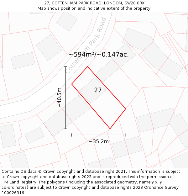 27, COTTENHAM PARK ROAD, LONDON, SW20 0RX: Plot and title map