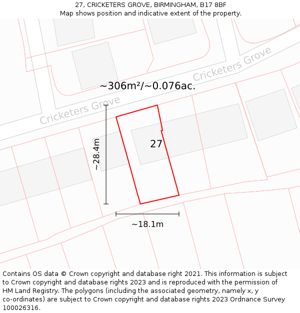 27, CRICKETERS GROVE, BIRMINGHAM, B17 8BF: Plot and title map