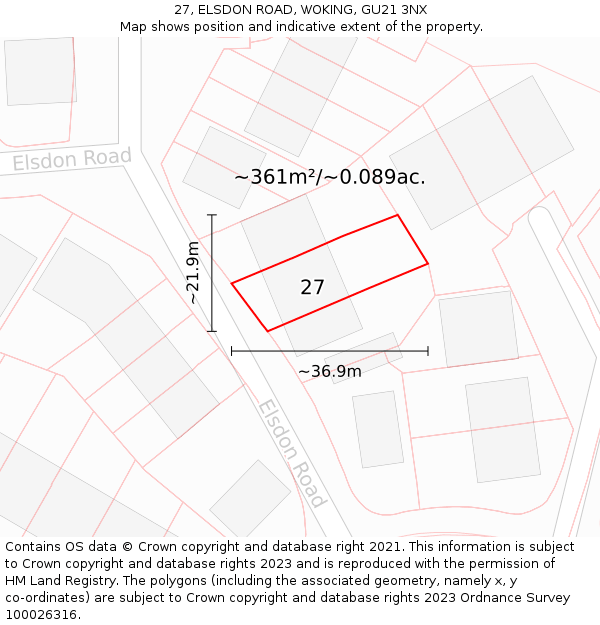 27, ELSDON ROAD, WOKING, GU21 3NX: Plot and title map