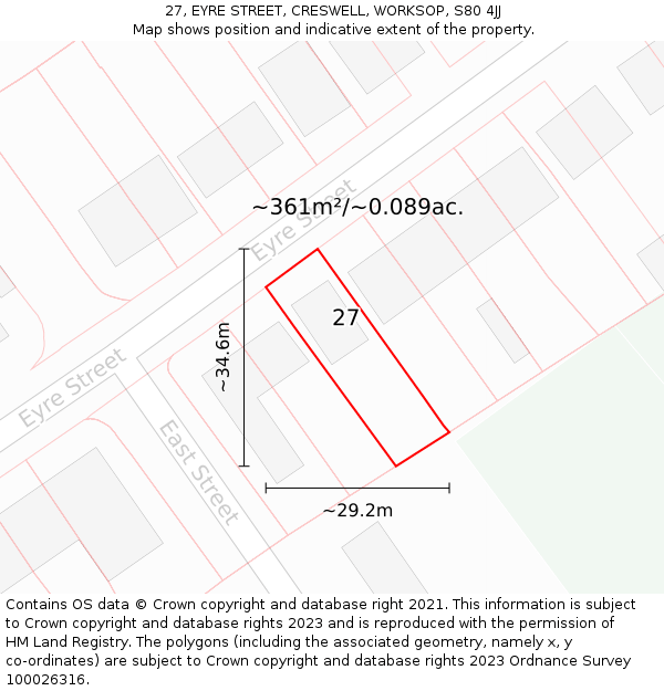 27, EYRE STREET, CRESWELL, WORKSOP, S80 4JJ: Plot and title map