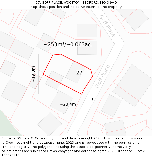 27, GOFF PLACE, WOOTTON, BEDFORD, MK43 9AQ: Plot and title map