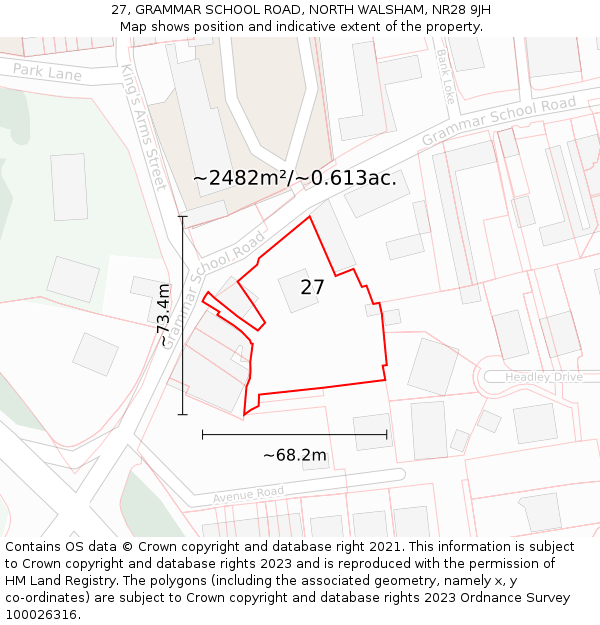 27, GRAMMAR SCHOOL ROAD, NORTH WALSHAM, NR28 9JH: Plot and title map