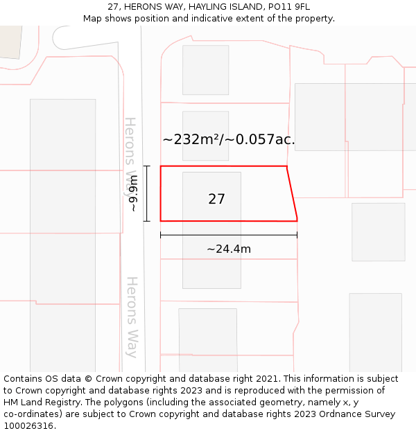 27, HERONS WAY, HAYLING ISLAND, PO11 9FL: Plot and title map