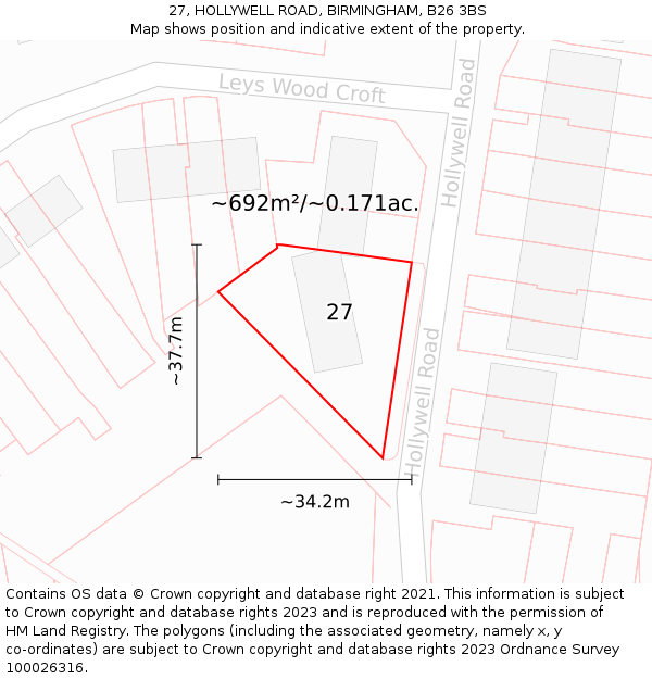27, HOLLYWELL ROAD, BIRMINGHAM, B26 3BS: Plot and title map