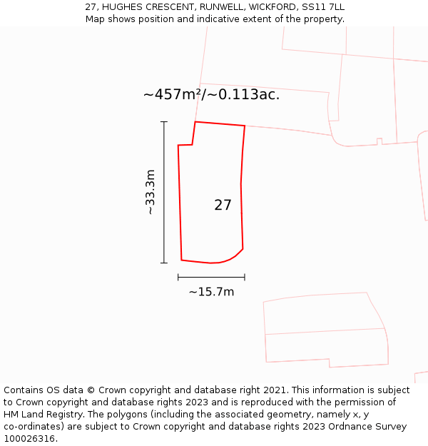 27, HUGHES CRESCENT, RUNWELL, WICKFORD, SS11 7LL: Plot and title map