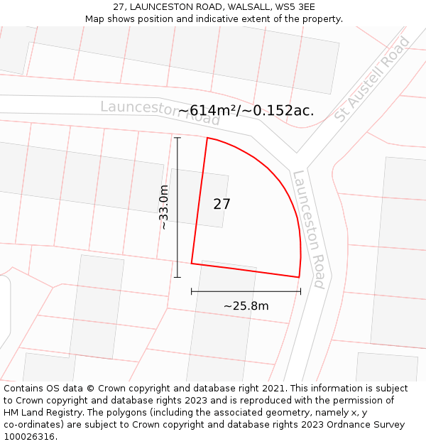 27, LAUNCESTON ROAD, WALSALL, WS5 3EE: Plot and title map