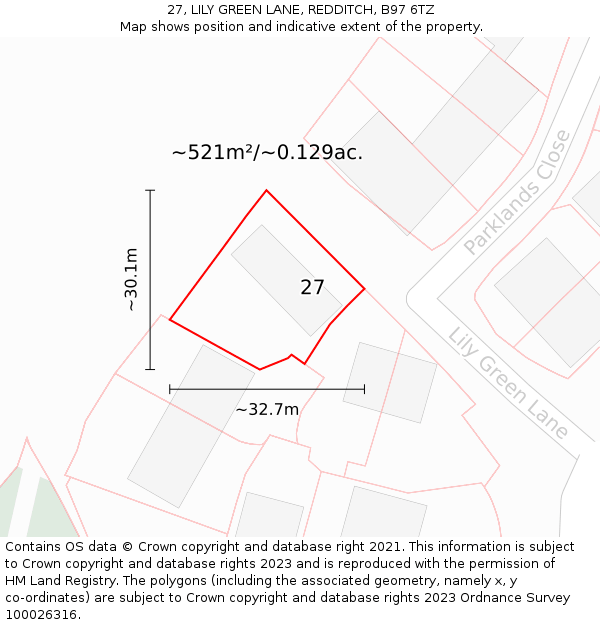 27, LILY GREEN LANE, REDDITCH, B97 6TZ: Plot and title map