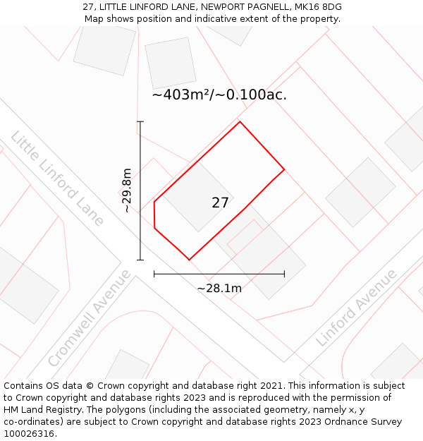 27, LITTLE LINFORD LANE, NEWPORT PAGNELL, MK16 8DG: Plot and title map