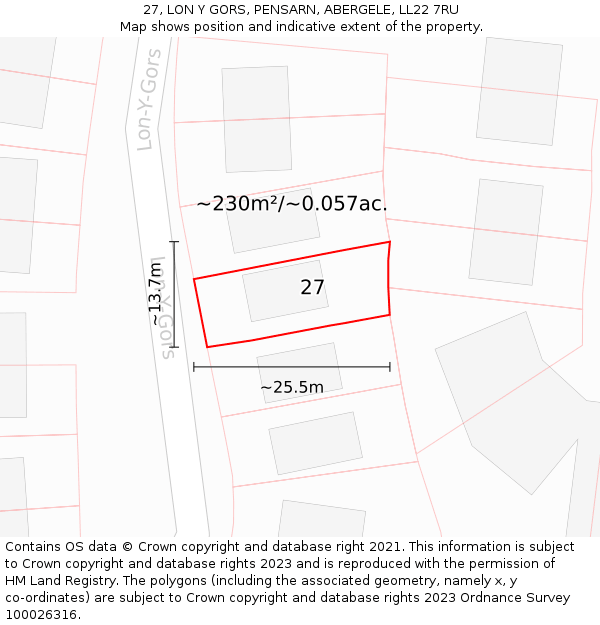 27, LON Y GORS, PENSARN, ABERGELE, LL22 7RU: Plot and title map