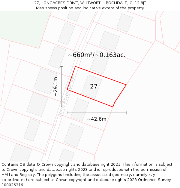 27, LONGACRES DRIVE, WHITWORTH, ROCHDALE, OL12 8JT: Plot and title map