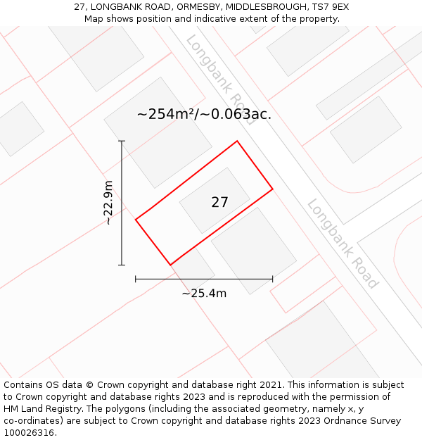 27, LONGBANK ROAD, ORMESBY, MIDDLESBROUGH, TS7 9EX: Plot and title map