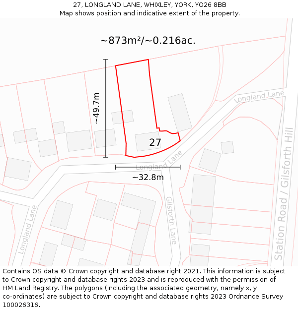 27, LONGLAND LANE, WHIXLEY, YORK, YO26 8BB: Plot and title map