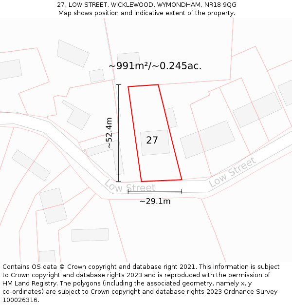 27, LOW STREET, WICKLEWOOD, WYMONDHAM, NR18 9QG: Plot and title map