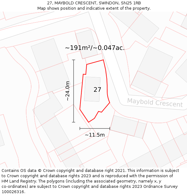 27, MAYBOLD CRESCENT, SWINDON, SN25 1RB: Plot and title map