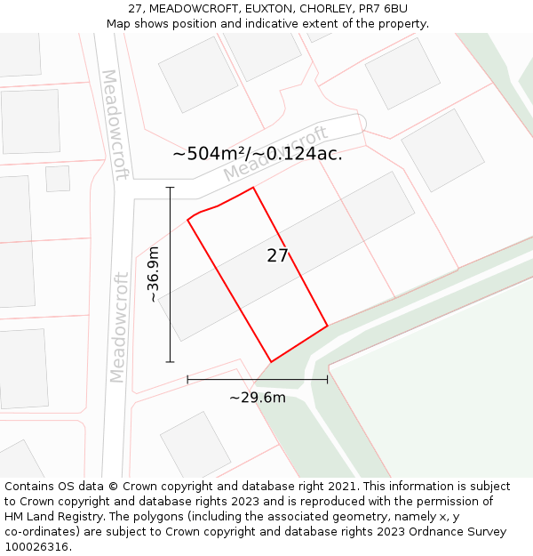 27, MEADOWCROFT, EUXTON, CHORLEY, PR7 6BU: Plot and title map