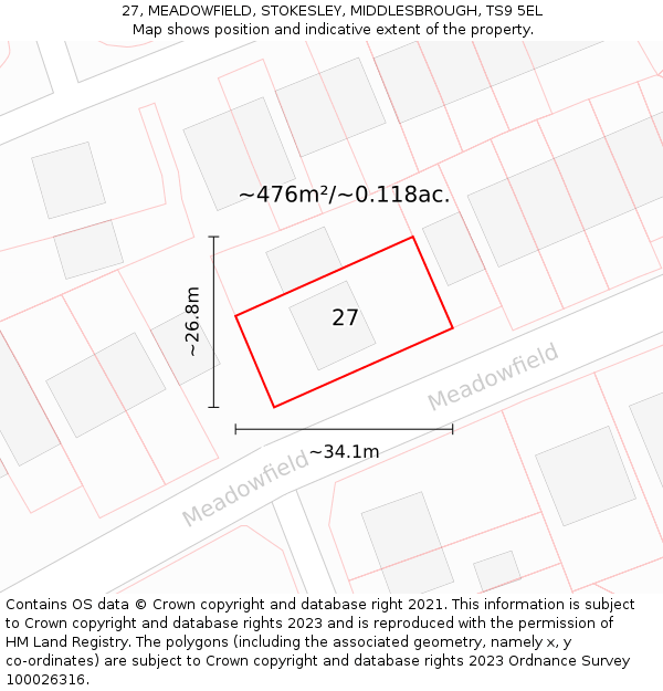 27, MEADOWFIELD, STOKESLEY, MIDDLESBROUGH, TS9 5EL: Plot and title map