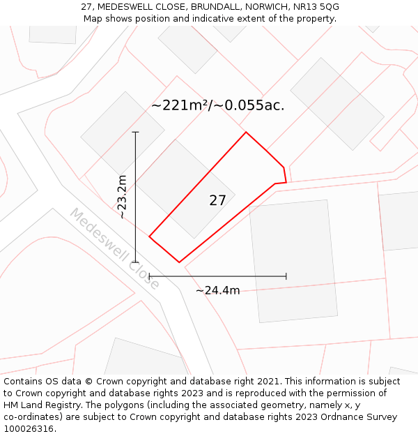 27, MEDESWELL CLOSE, BRUNDALL, NORWICH, NR13 5QG: Plot and title map