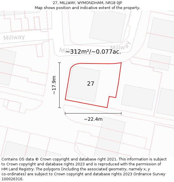 27, MILLWAY, WYMONDHAM, NR18 0JP: Plot and title map