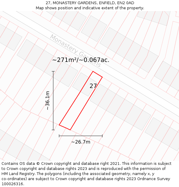 27, MONASTERY GARDENS, ENFIELD, EN2 0AD: Plot and title map