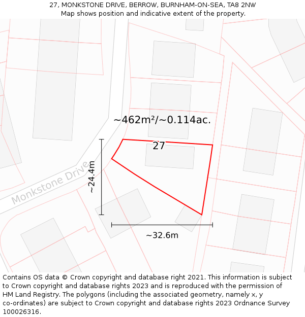 27, MONKSTONE DRIVE, BERROW, BURNHAM-ON-SEA, TA8 2NW: Plot and title map