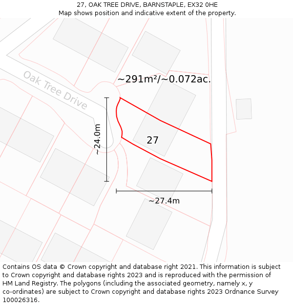 27, OAK TREE DRIVE, BARNSTAPLE, EX32 0HE: Plot and title map