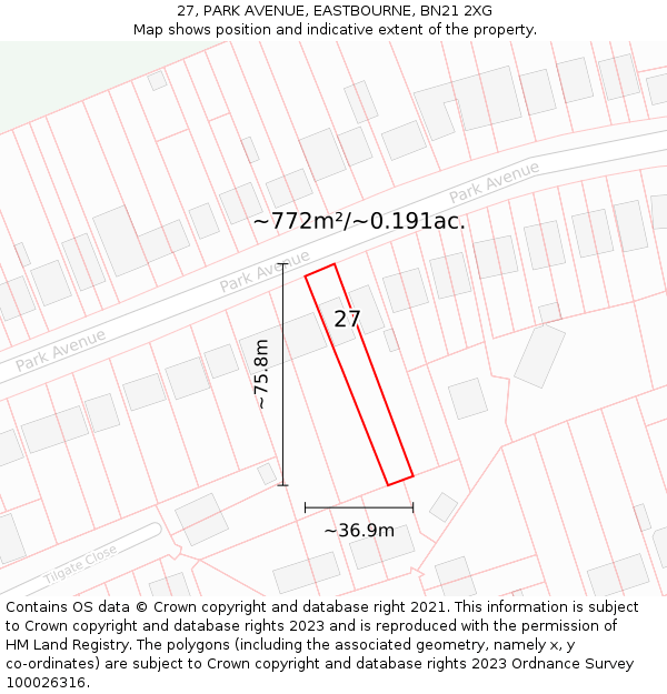 27, PARK AVENUE, EASTBOURNE, BN21 2XG: Plot and title map