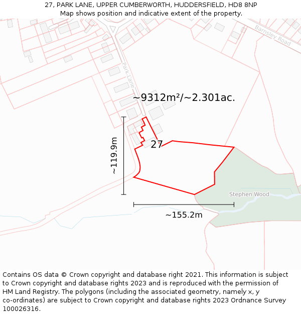 27, PARK LANE, UPPER CUMBERWORTH, HUDDERSFIELD, HD8 8NP: Plot and title map