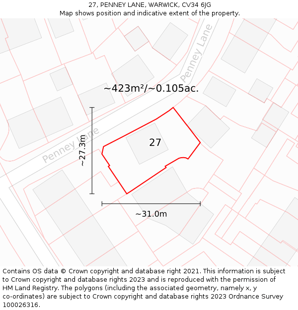 27, PENNEY LANE, WARWICK, CV34 6JG: Plot and title map